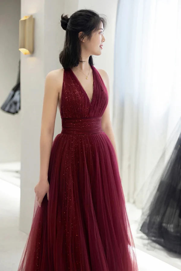 Wholesale Burgundy Tulle Long A-Line Prom Dress V-Neck Backless Evening Party Dress
